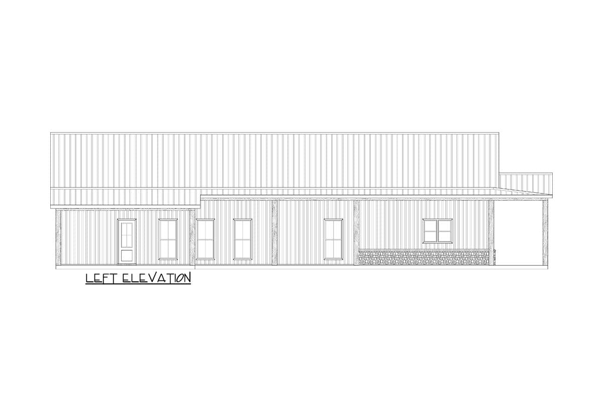 Left elevation drawing of a house plan with a gabled roof, covered porch, and multiple windows and doors.