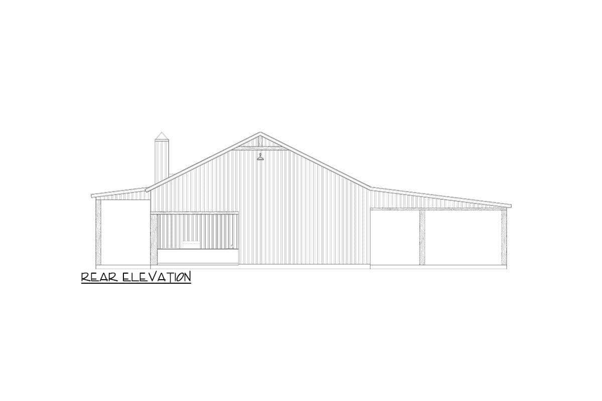 Rear elevation drawing of a barn-style house plan with a covered porch, chimney, and open garage.