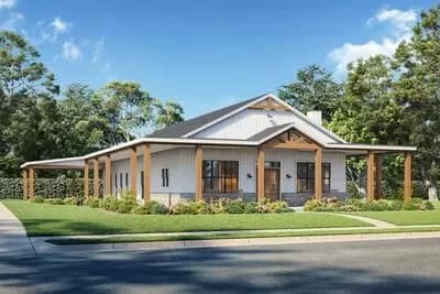 Modern Farmhouse Barndominium House Plan with Wrap Around Porch and Carport