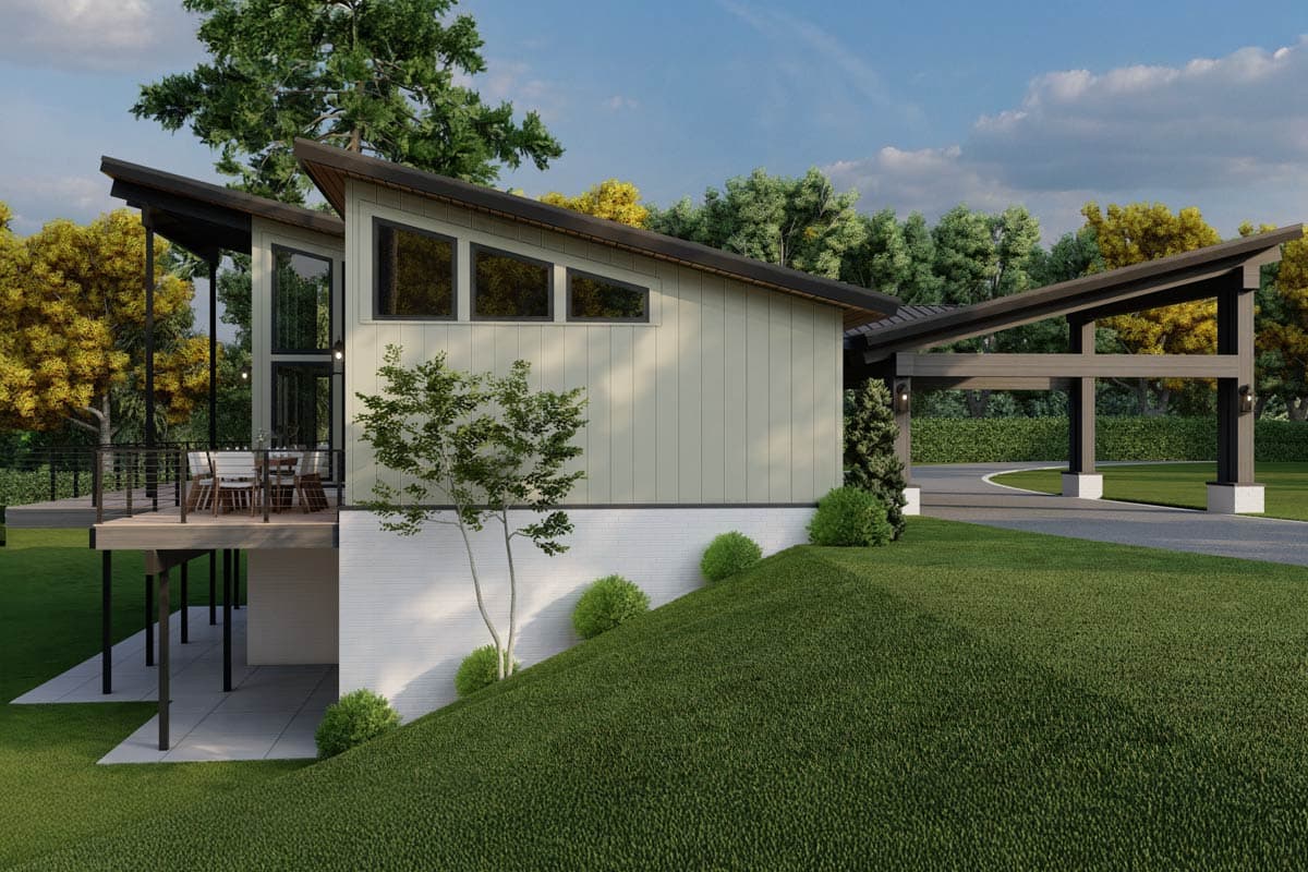 Modern house plan exterior with a cantilevered deck, sloped rooflines, and an open-air carport with dark timber supports.