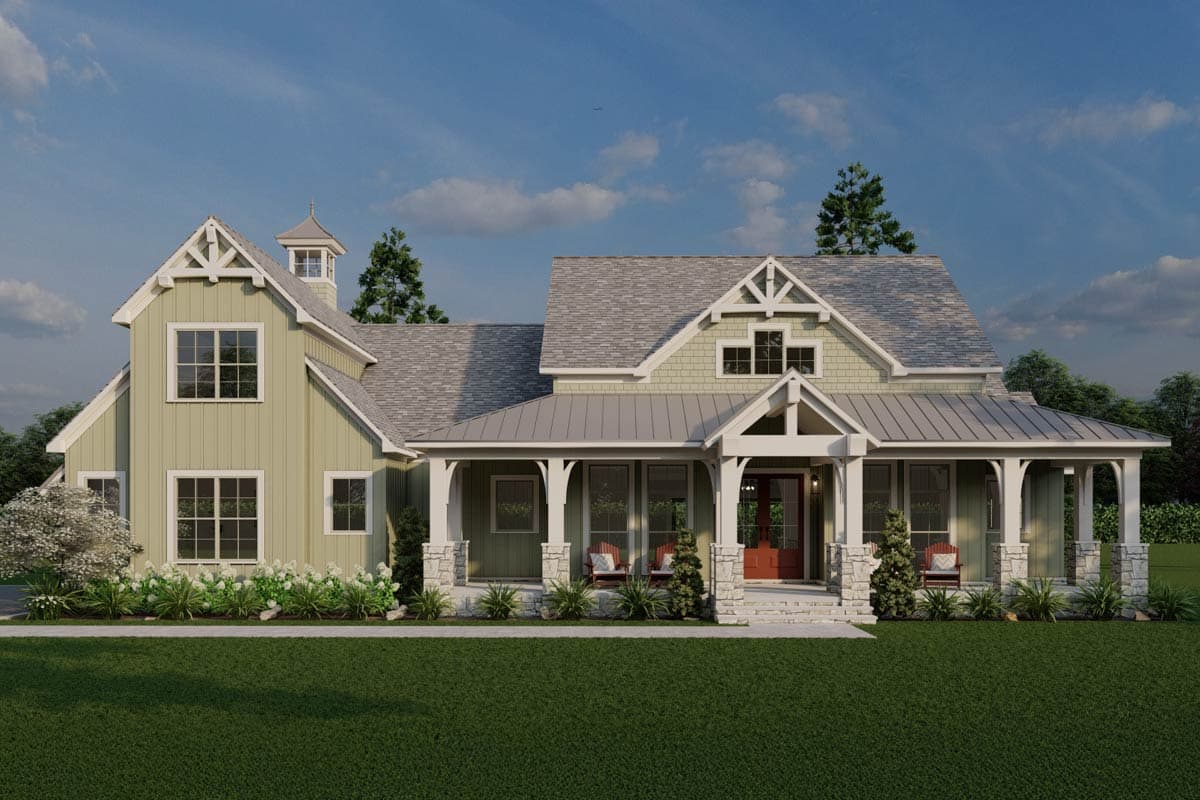 House plan exterior. Two-story Modern Farmhouse with a gabled roof, prominent porch, and dormer detail above the entry.