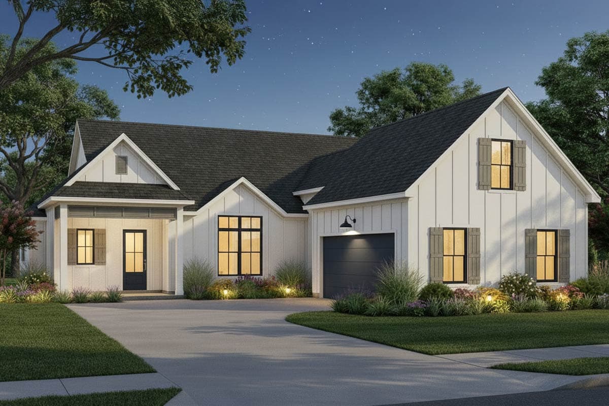 House plan exterior. Modern Farmhouse style with gabled roof, board-and-batten siding, and a covered porch. Includes a two-car garage.