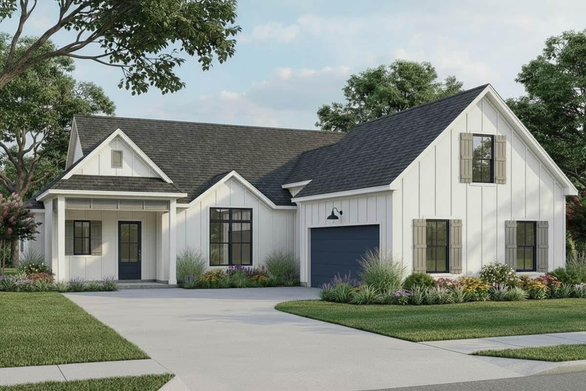 Modern Farmhouse house plan exterior with a covered entry porch, board and batten siding, gables, and a two-car garage.