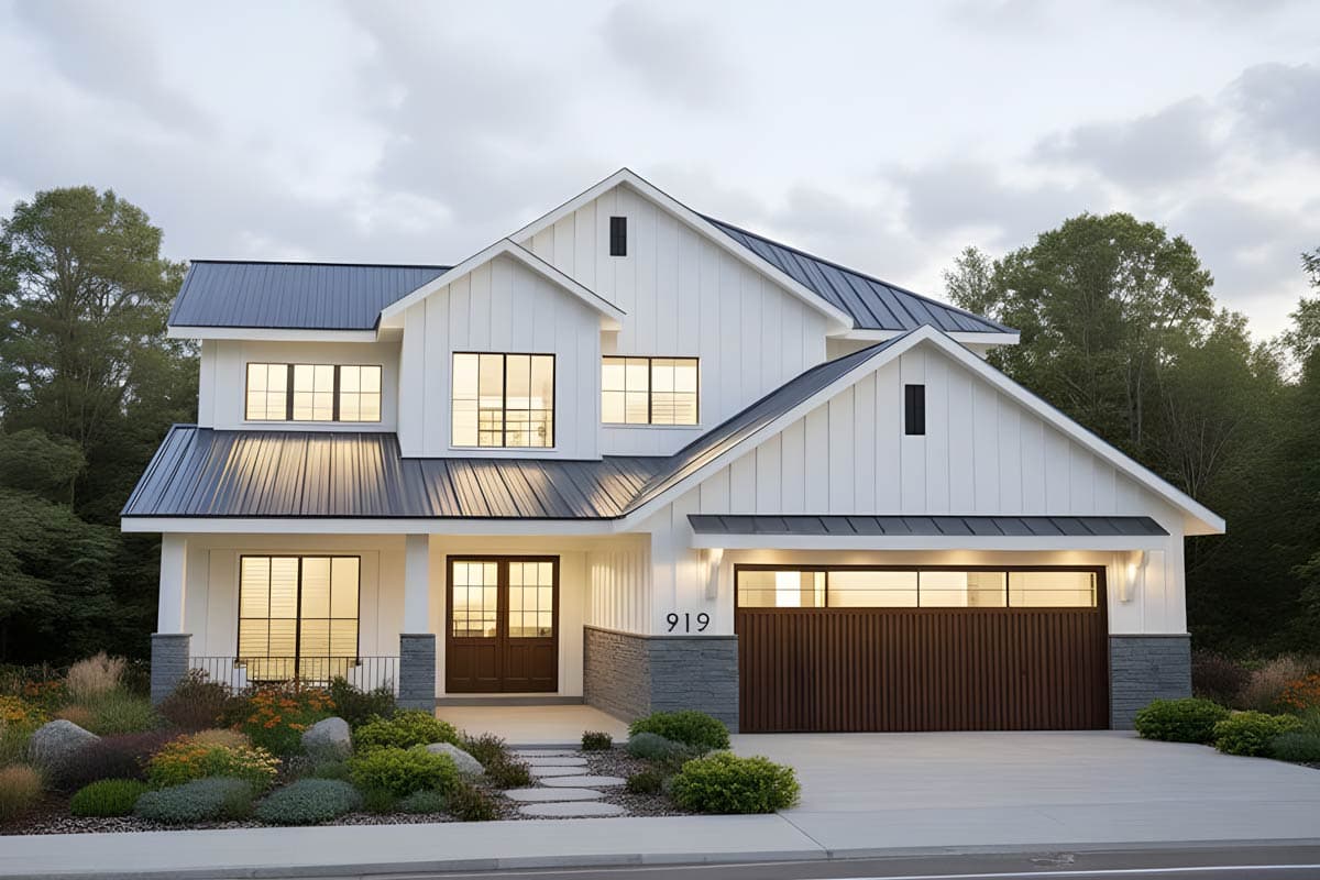 House plan exterior. Two-story Modern Farmhouse with metal roof, board-and-batten siding, and gabled rooflines over a two-car garage.