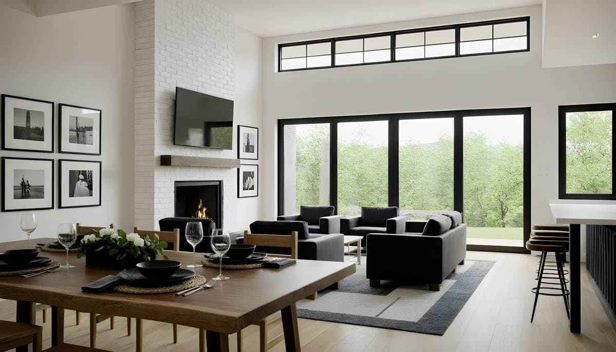 Modern living and dining area with vaulted ceiling, fireplace, large windows, and open layout.