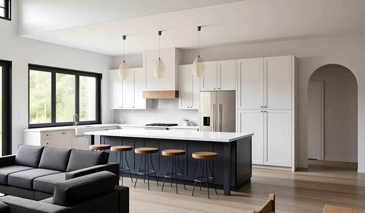 Open concept kitchen with dark island, white cabinets, stainless steel refrigerator, and large windows. Seating area with dark sofa.