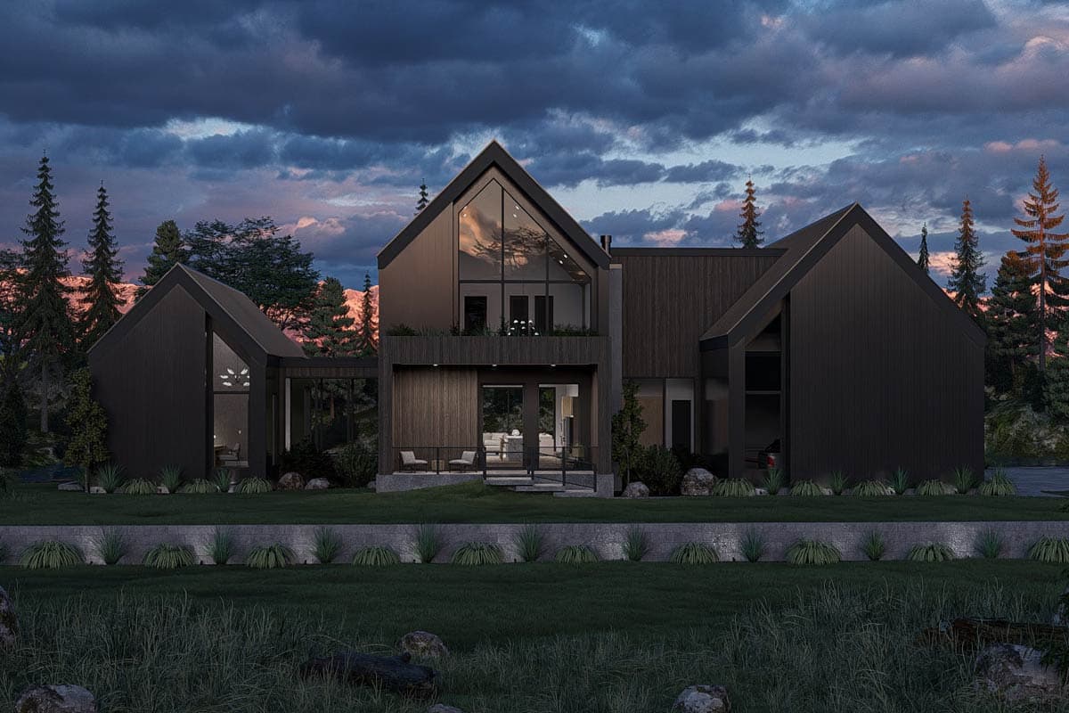 Modern house plan exterior with dark siding, prominent gables, and large glass facade.