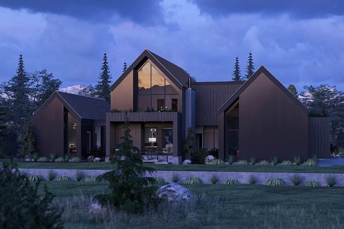 Modern house plan exterior with dark wood siding, multiple gables, a prominent central gable with a large triangular window, and a covered porch.