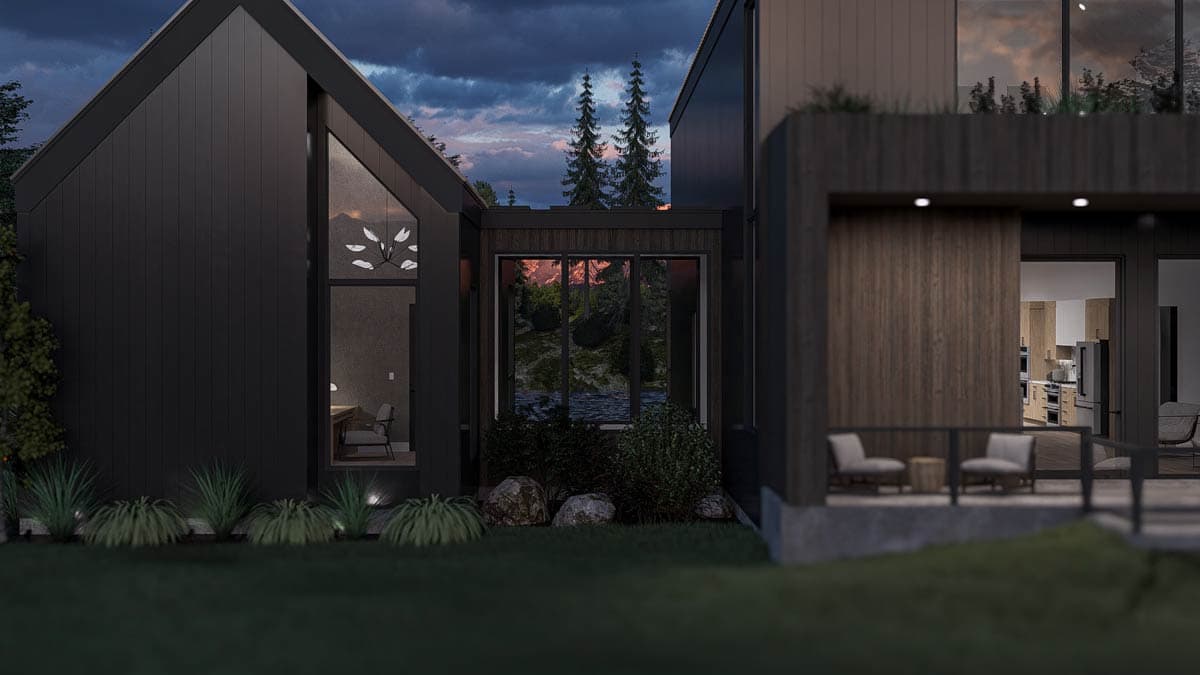 Modern house plan exterior with dark siding, large gabled window, and wood-paneled entrance.