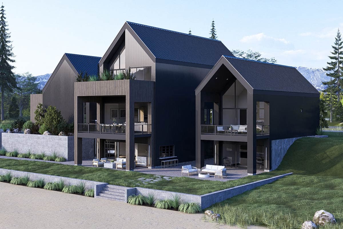 Modern house plan exterior with multiple gables, pitched roofs, cantilevered balconies, and dark vertical siding.