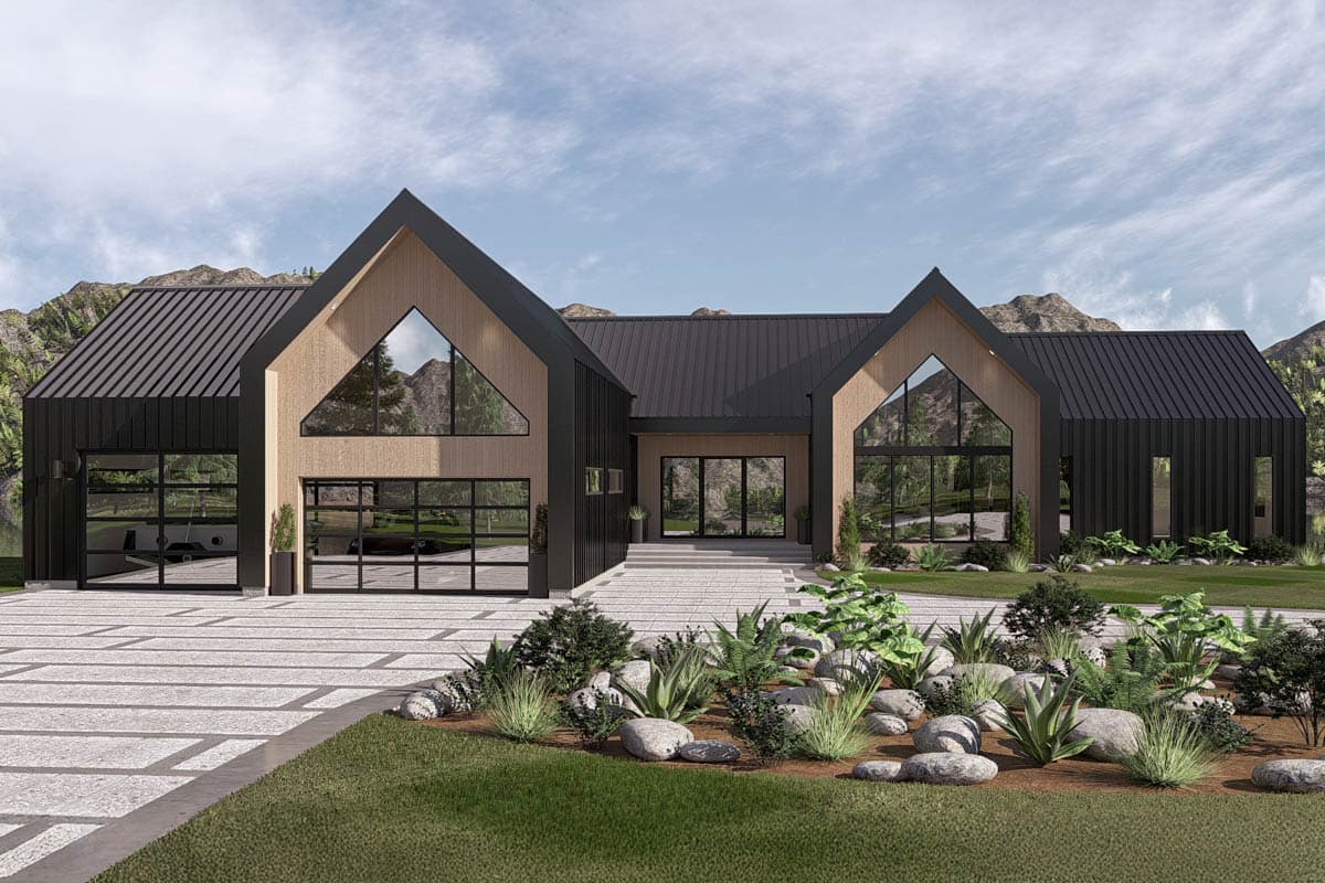 House plan exterior. Modern style with two gabled sections, large triangular windows, and a black metal roof. Includes a two-car garage.