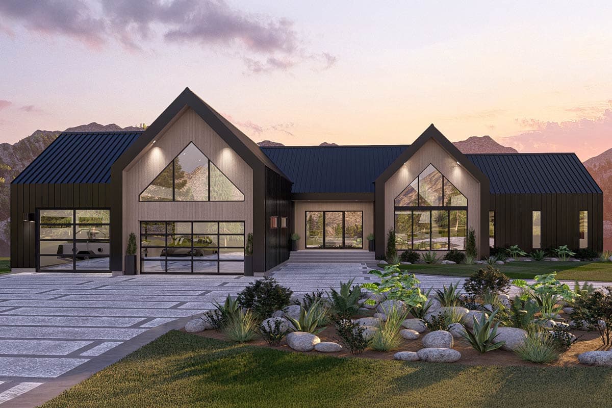 Modern house plan exterior with gable roofs, large A-frame windows, glass garage doors, and a central glass entryway.