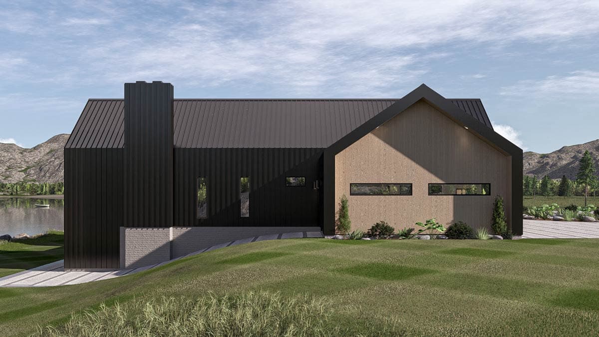 Modern house plan exterior with vertical black siding, wood accents, standing seam roof, and horizontal windows.