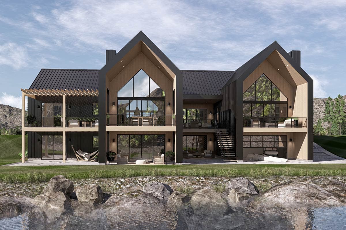Modern house plan exterior with twin gables, expansive glass walls, metal roof, and two-story balconies.