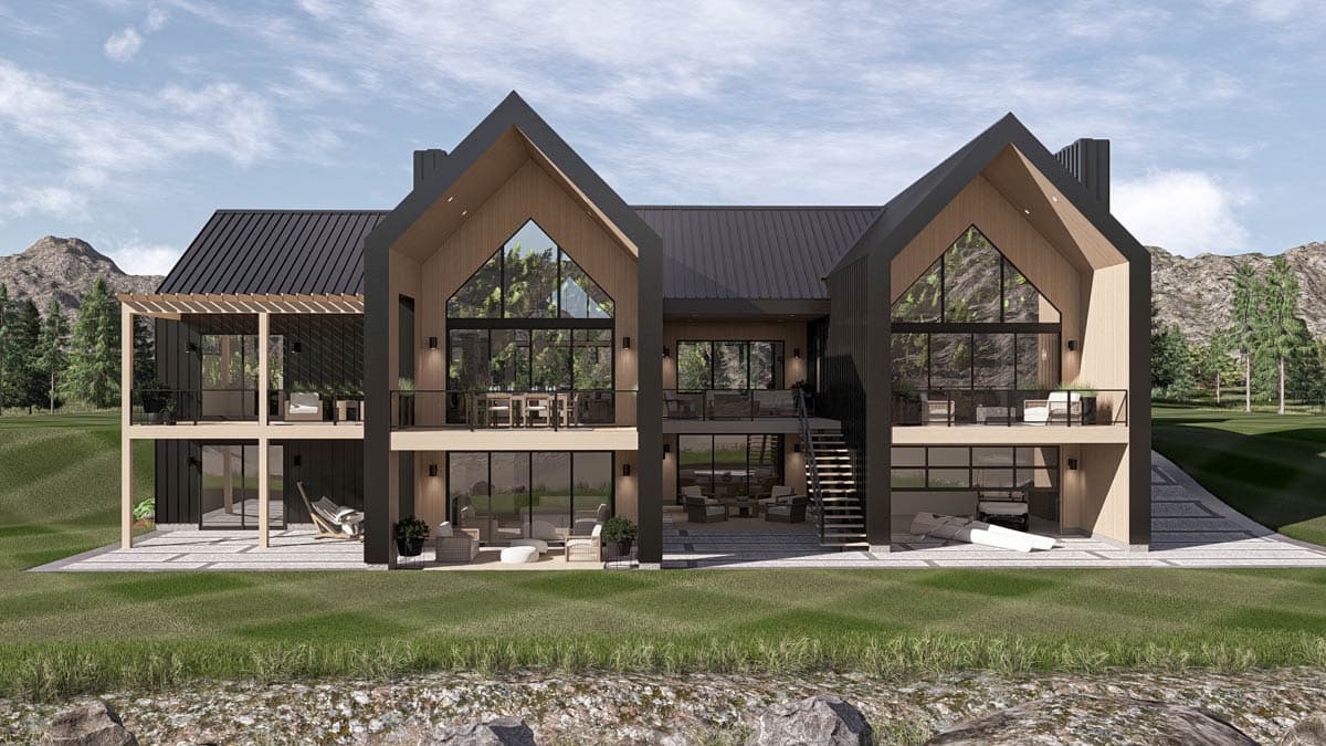 Modern house plan exterior with pitched gables, large glass facades, multiple balconies, and a covered patio.