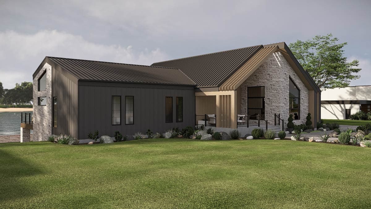 House plan exterior: Modern house with stone and dark vertical siding, gabled roof, and a covered porch with slatted wood screens.