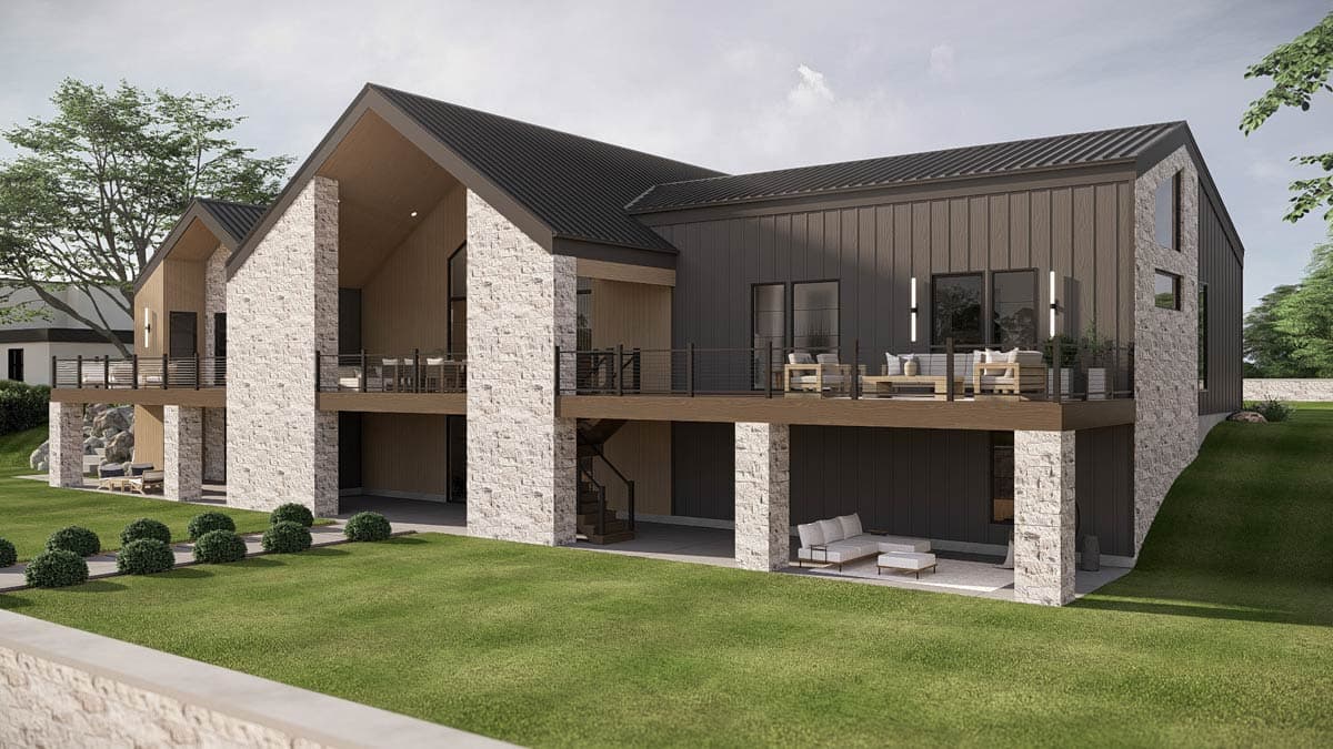 House plan exterior rendering featuring stone accents, expansive decks, metal siding, and gabled rooflines.