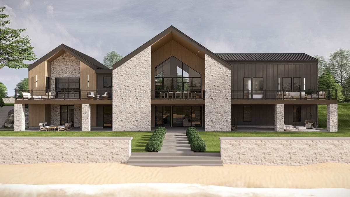 Modern house plan exterior with stone and wood siding, multiple balconies, and large gabled windows.