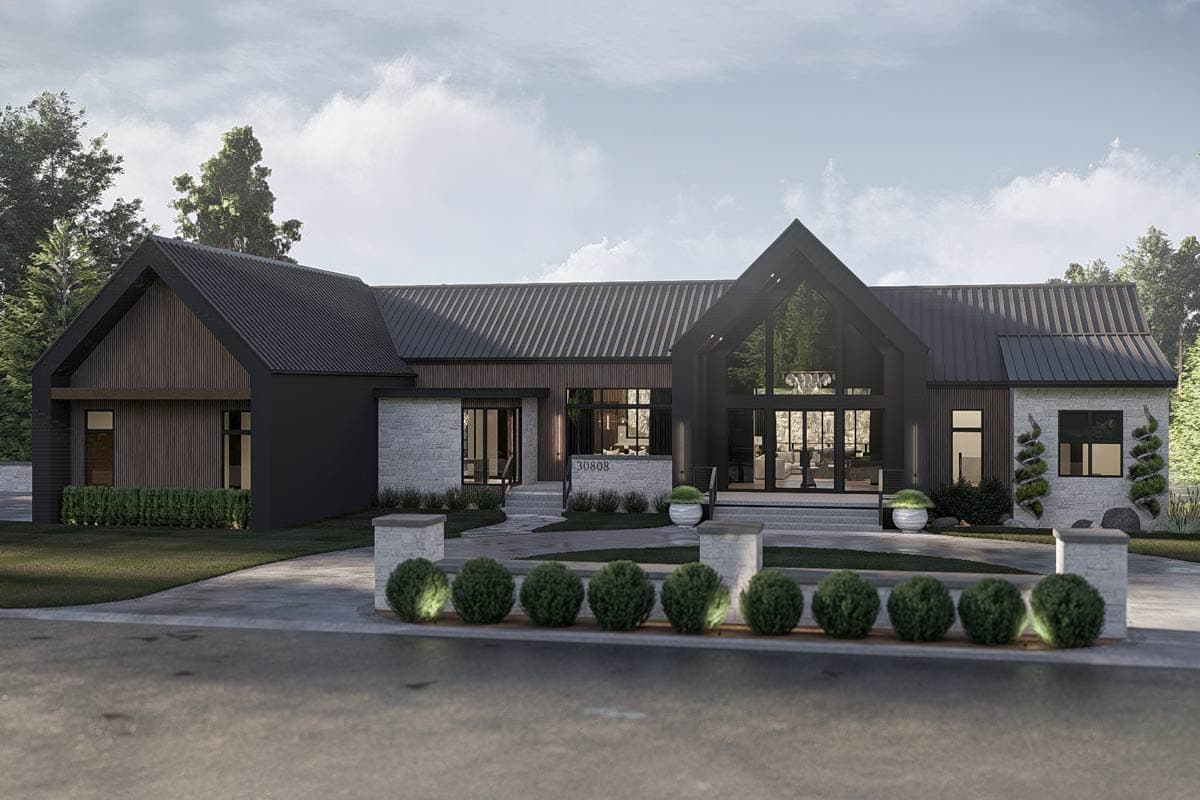 House plan exterior with modern design. Features include a gabled entry, board-and-batten siding, stone accents, and a metal roof.