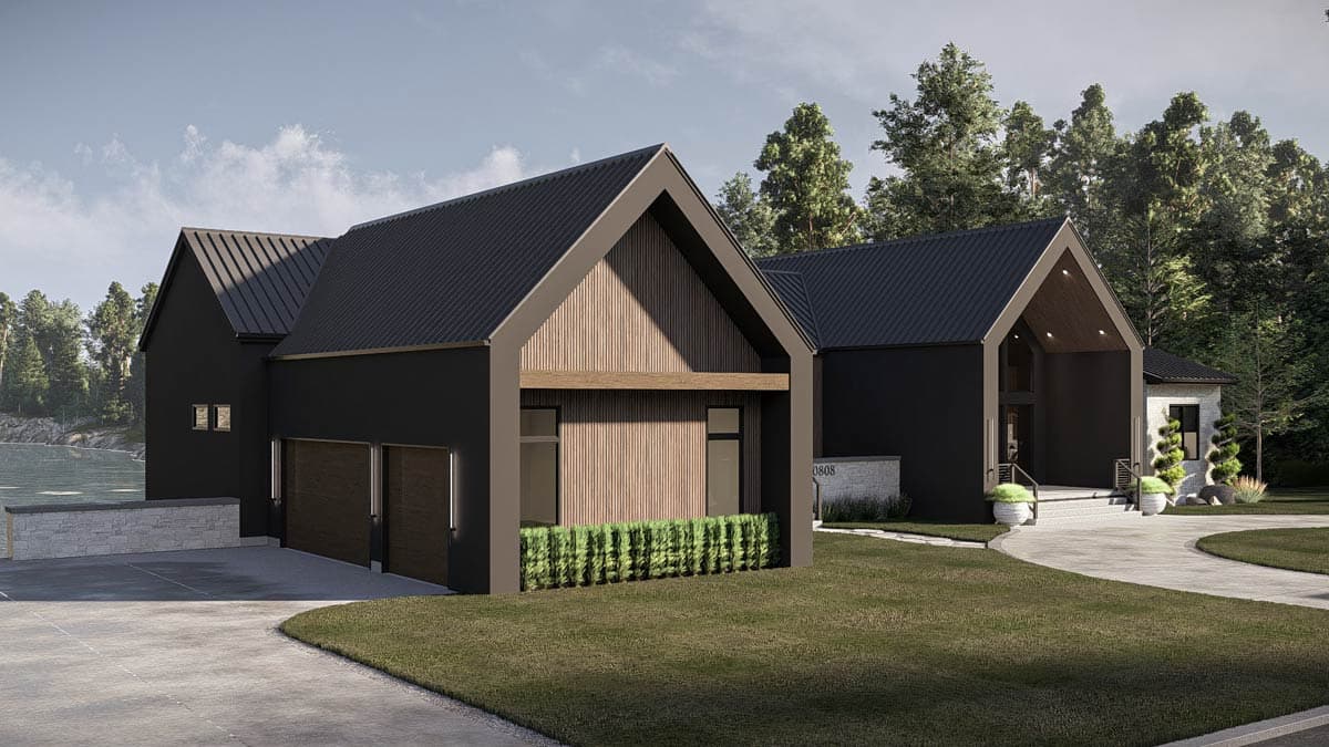 Modern house plan exterior with three garage bays, dark siding, standing seam metal roof, and wood-paneled gable entryway.