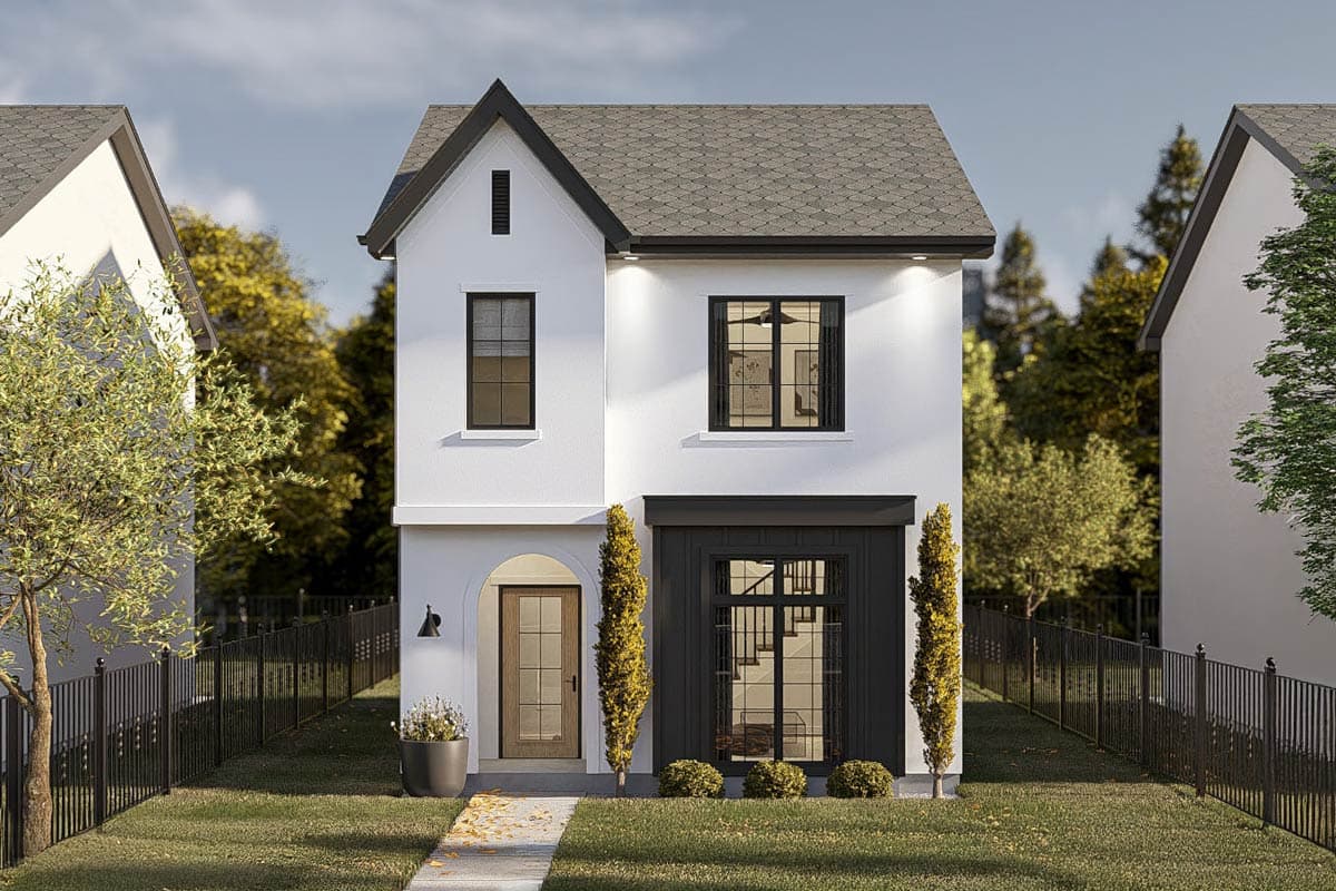 House plan exterior. Two-story with a gable roof, arched entryway, and a dark accent over the windows.