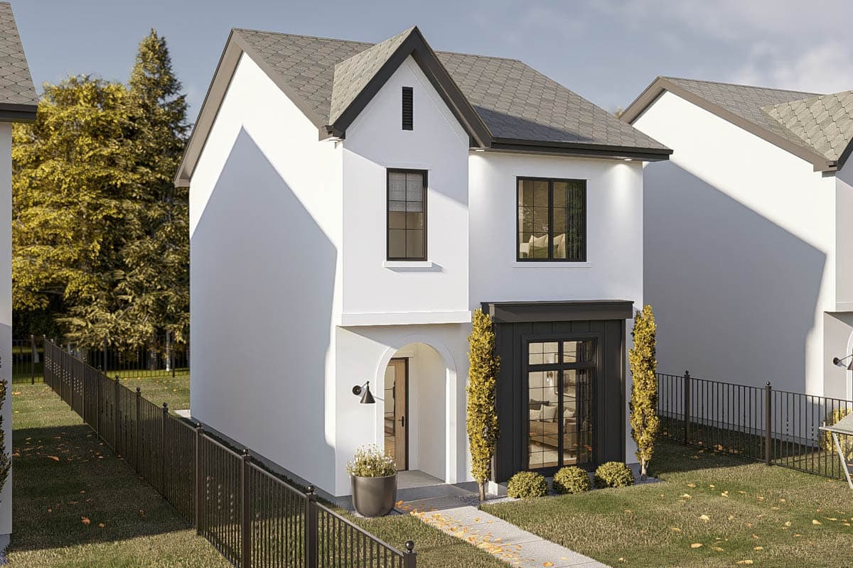 House plan exterior: two-story modern home with a prominent gable, arched entryway, and dark-framed windows.