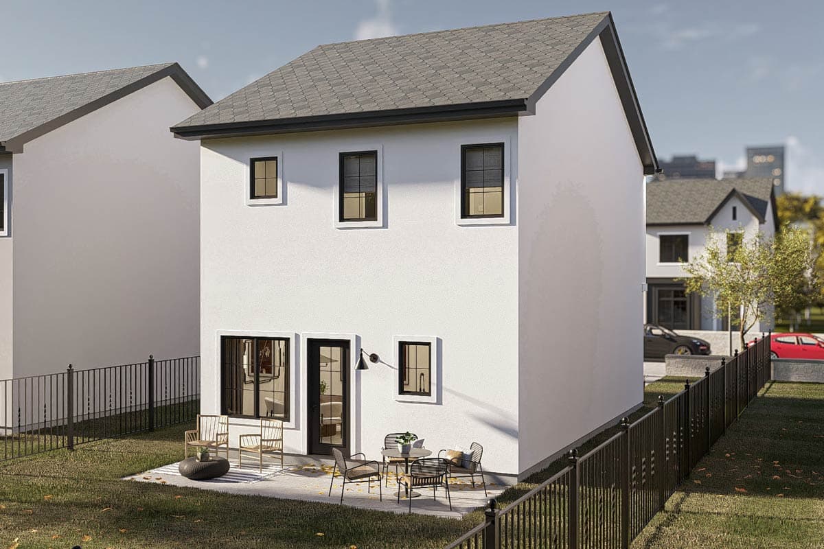 House plan exterior: Two-story modern home with a hipped roof, stucco siding, and a rear patio with outdoor seating.