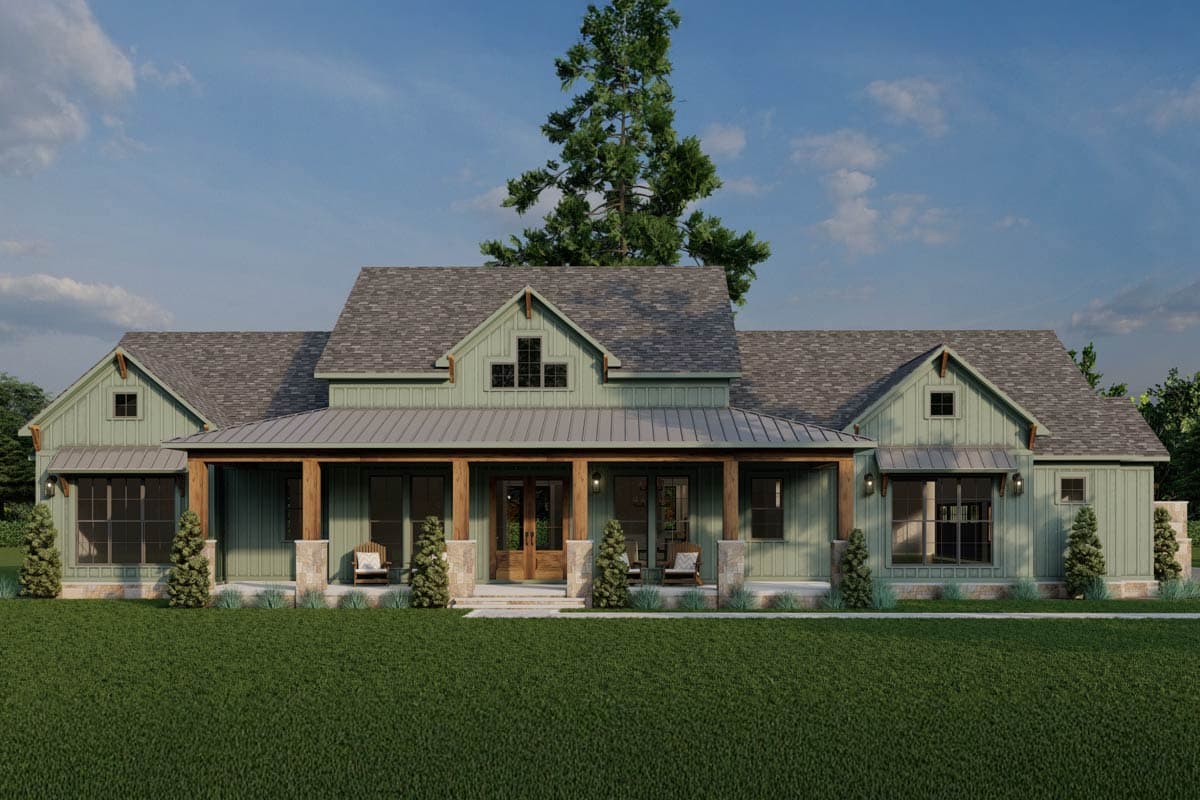 House plan exterior. Farmhouse style with a single story, front porch with wood columns, gables, and metal roof accents.