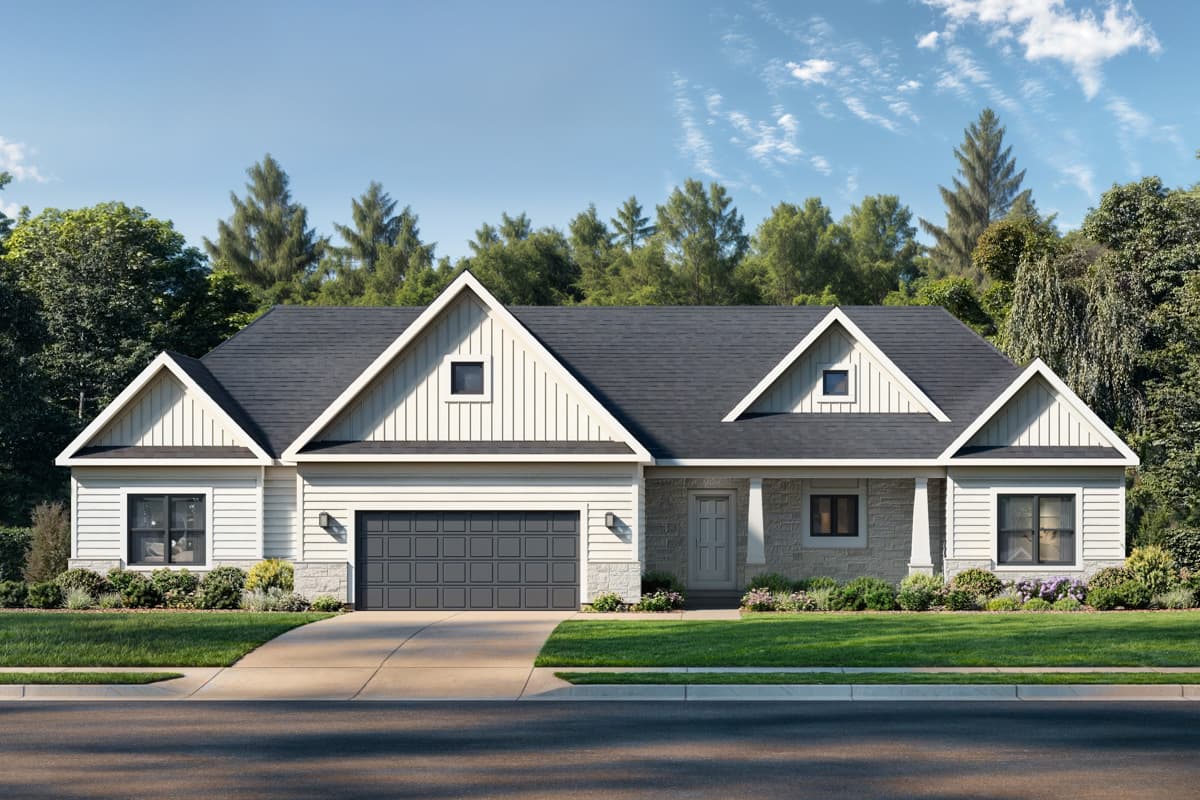 House plan exterior. Ranch style with a dark roof and gabled dormers. Features a two-car garage and stone accents near the front entry.