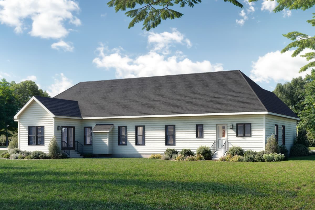 House plan exterior of a single-story dwelling with a prominent gabled end, numerous windows, and a covered entry.