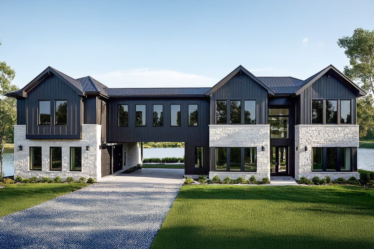 House plan exterior. Modern, two-story home with a connecting bridge element. Features include gabled rooflines, vertical siding, and stone cladding.