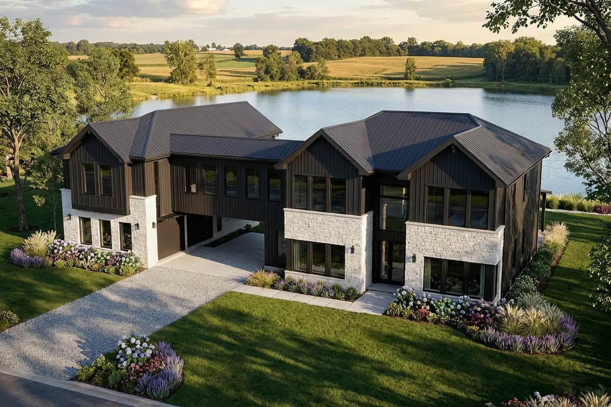 Modern house plan exterior with dark vertical siding, light stone accents, metal roof, and attached garage connecting two sections.