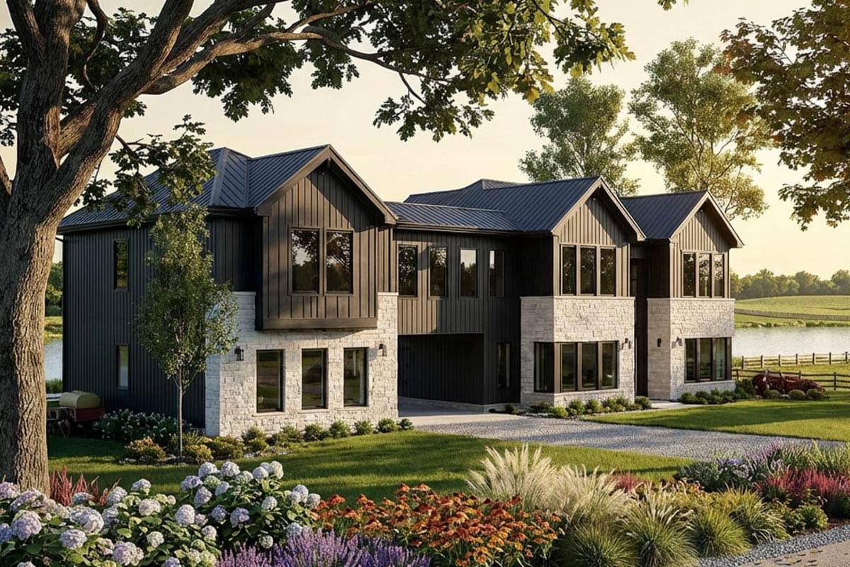 Modern house plan exterior with stone and dark vertical siding, multiple gables, and large windows.