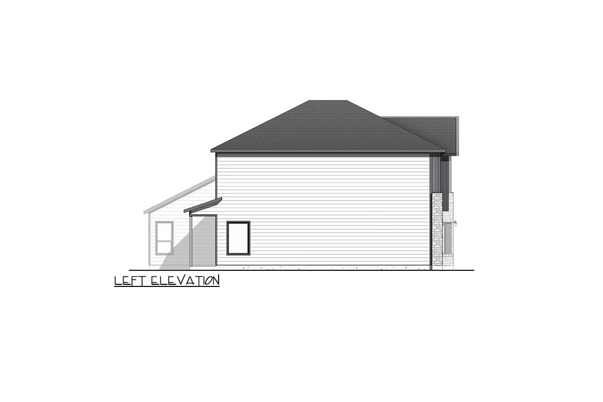 Left elevation house plan with horizontal siding, gable roof, and stone accents on right side.