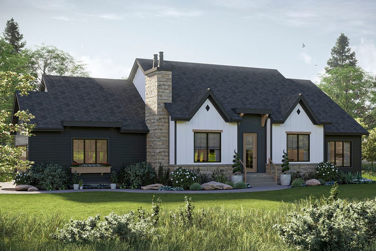 House plan exterior. Two-story Modern Farmhouse with gables, stone chimney, and dark roof. Features include a front porch and a window box.