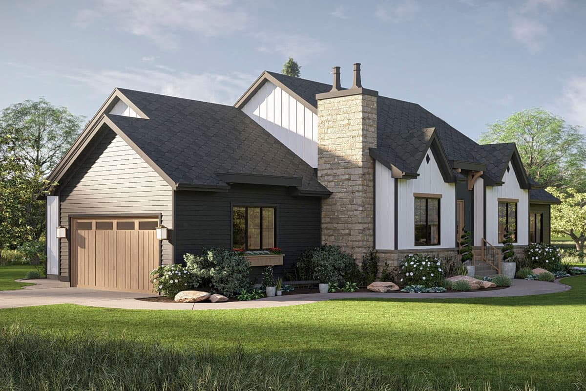 House plan exterior: Modern Farmhouse style with stone chimney, gables, dark siding, and wood garage door.