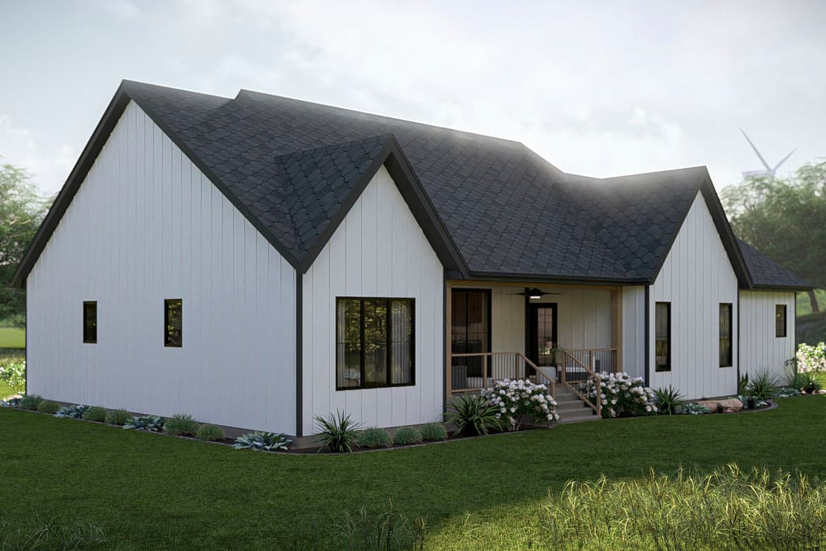 Modern Farmhouse house plan exterior with white vertical siding, dark gables, porch, and multiple gabled roof sections.