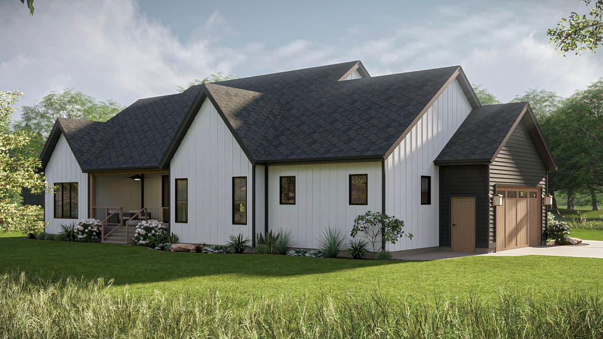 Modern Farmhouse house plan exterior with board and batten siding, gable rooflines, covered porch, and attached garage.