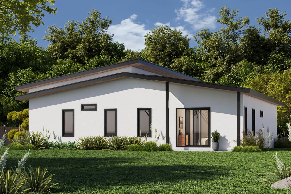 Modern single-story house plan exterior with a low-slope roof, clean lines, and multiple dark-framed windows.