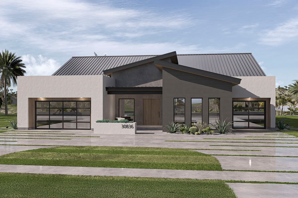 House plan exterior with modern design. Features include a metal roof, flat roof sections, and glass garage doors. Single-story structure.