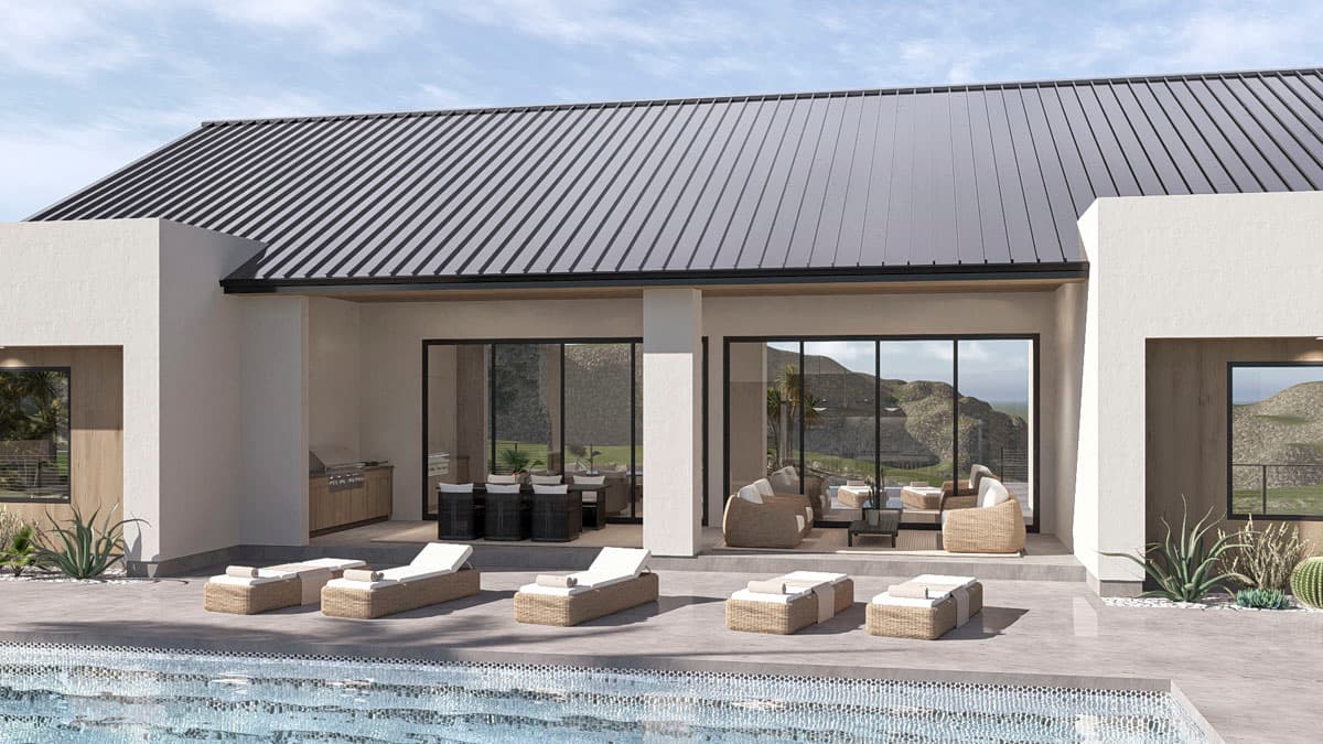House plan exterior rendering: Single-story home with standing seam metal roof, large sliding glass doors, outdoor kitchen, and pool.