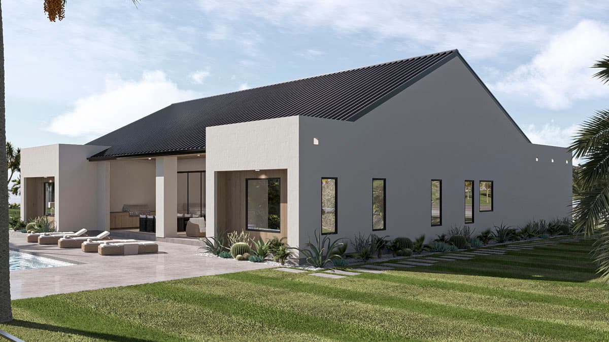 House plan exterior: Modern style, one-story with gabled roof, covered patio with outdoor kitchen, and stucco facade.