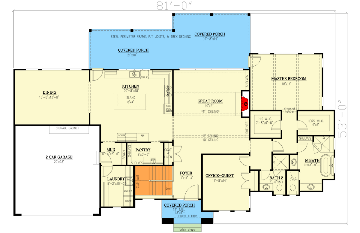 Plan 24424TW: Contemporary Ranch House Plan with Master on Main and 2 or 3-Car Garage - Floor Plan - Main Level - Contemporary, Mid Century Modern, Prairie, Ranch
