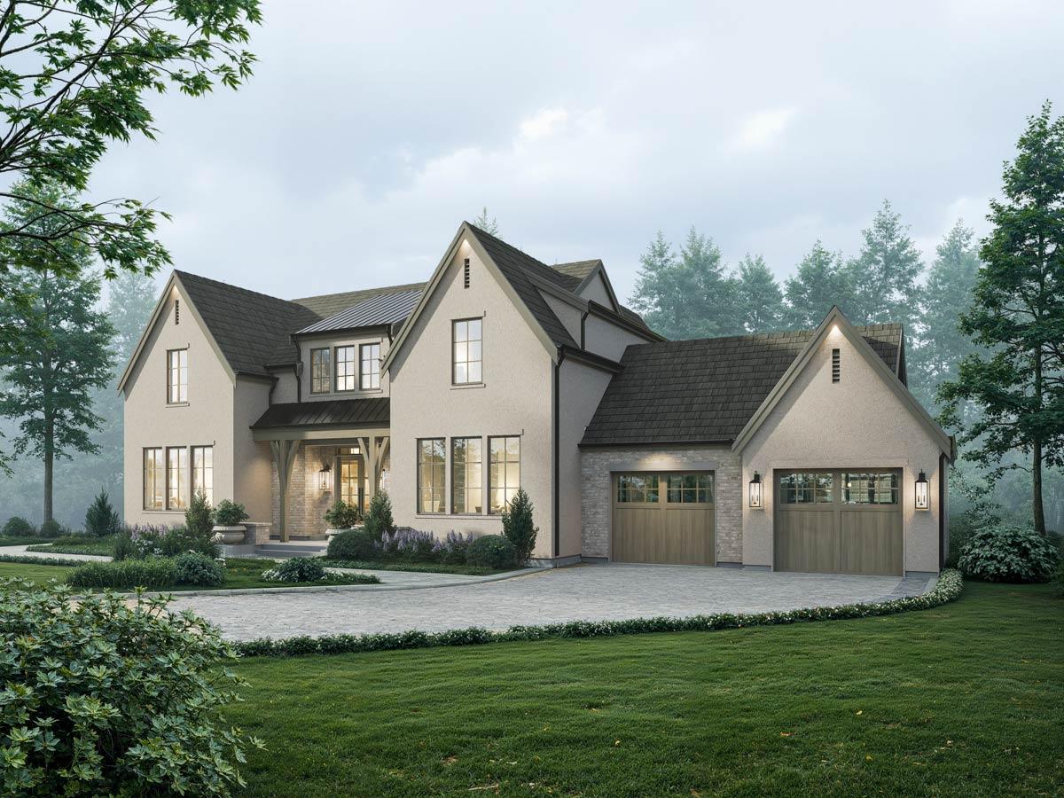 House plan exterior: Two-story Modern Farmhouse with stucco facade, gables, prominent dormers, covered entryway, and a three-car side-entry garage.