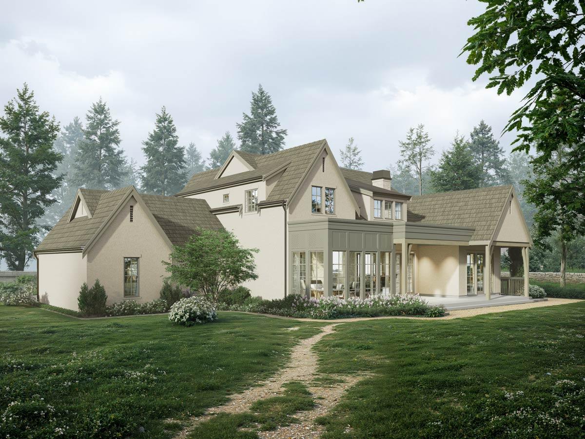 House plan exterior: Two-story residence with multiple gables, a sunroom, and a covered porch.