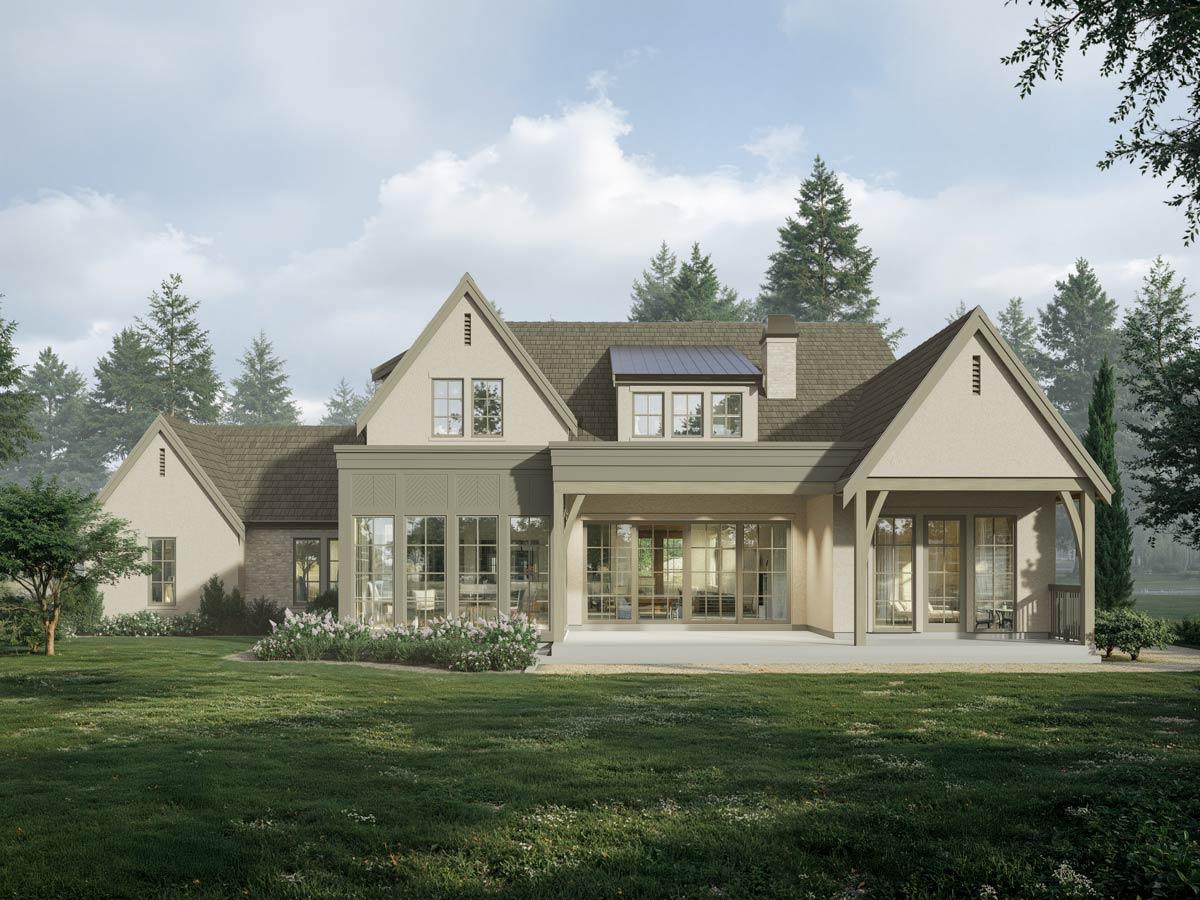 Modern Farmhouse house plan exterior with multiple gables, covered porch, and extensive fenestration.