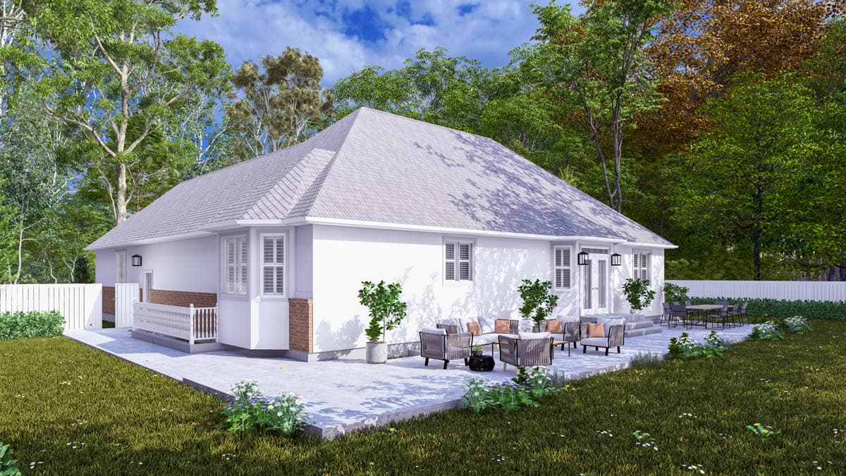 House plan exterior: Single-story Modern Farmhouse with hip roof, bay window, and rear patio with seating area.