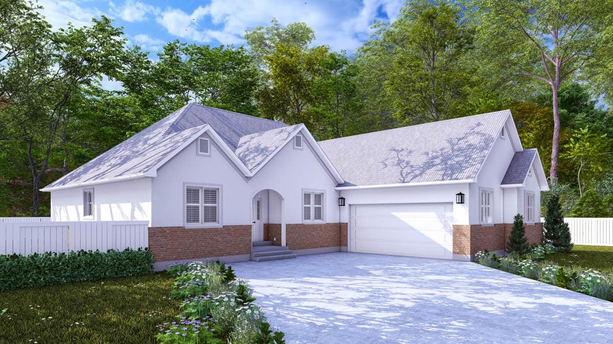 House plan exterior: one-story home with gabled dormers, arched entry, brick base, and attached garage.