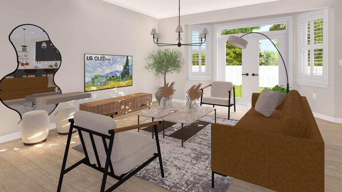 Interior rendering of a living room with a sofa, chairs, coffee table, media console, and large windows.