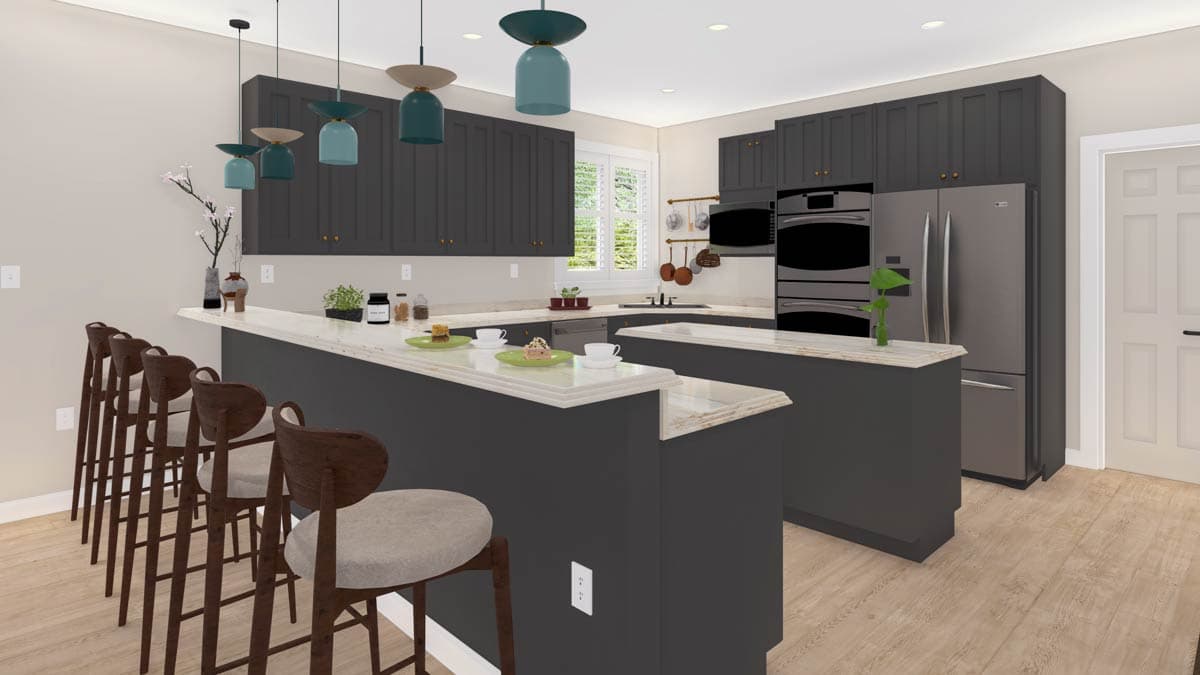 Kitchen with dark gray cabinets, a U-shaped counter with seating, stainless steel appliances, and pendant lighting.
